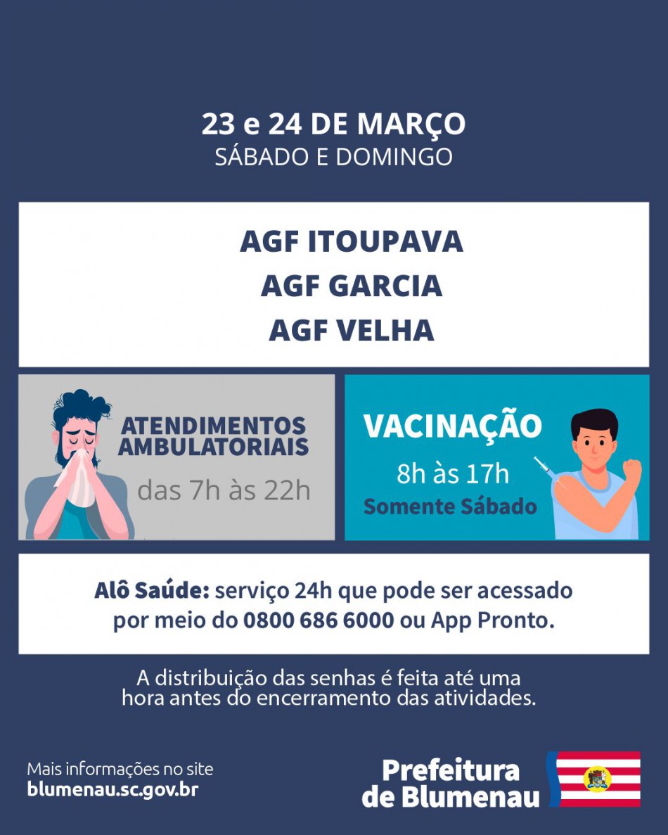 AGFs Garcia, Velha e Itoupava mantêm o atendimento ambulatorial do fim de semana