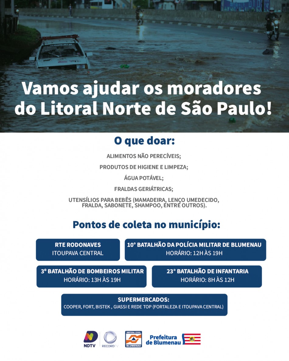 Blumenau arrecada donativos para cidades atingidas pelas chuvas no litoral de São Paulo