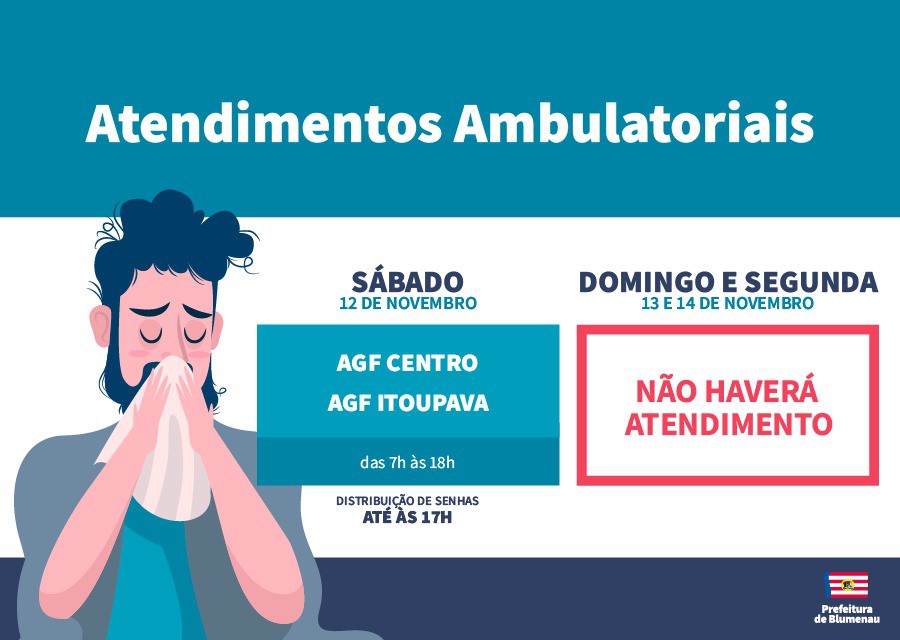Sábado, dia 12 de novembro, AGFs Centro e Itoupava terão atendimento ambulatorial 