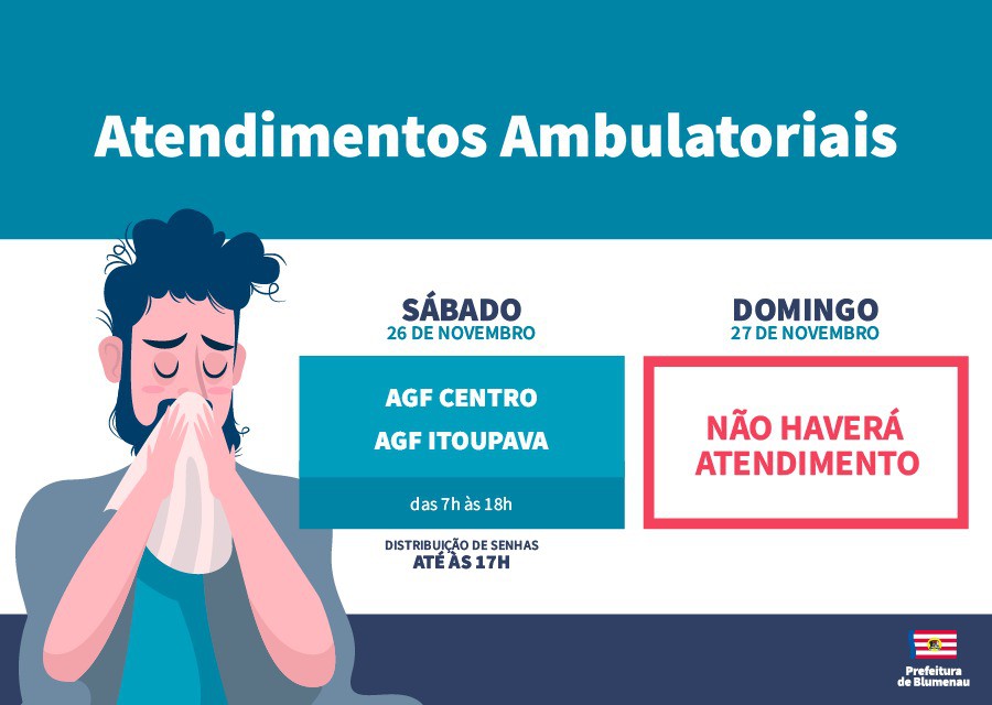 Atendimentos ambulatoriais deste sábado, dia 26, ocorrerão nos AGFs Centro e Itoupava
