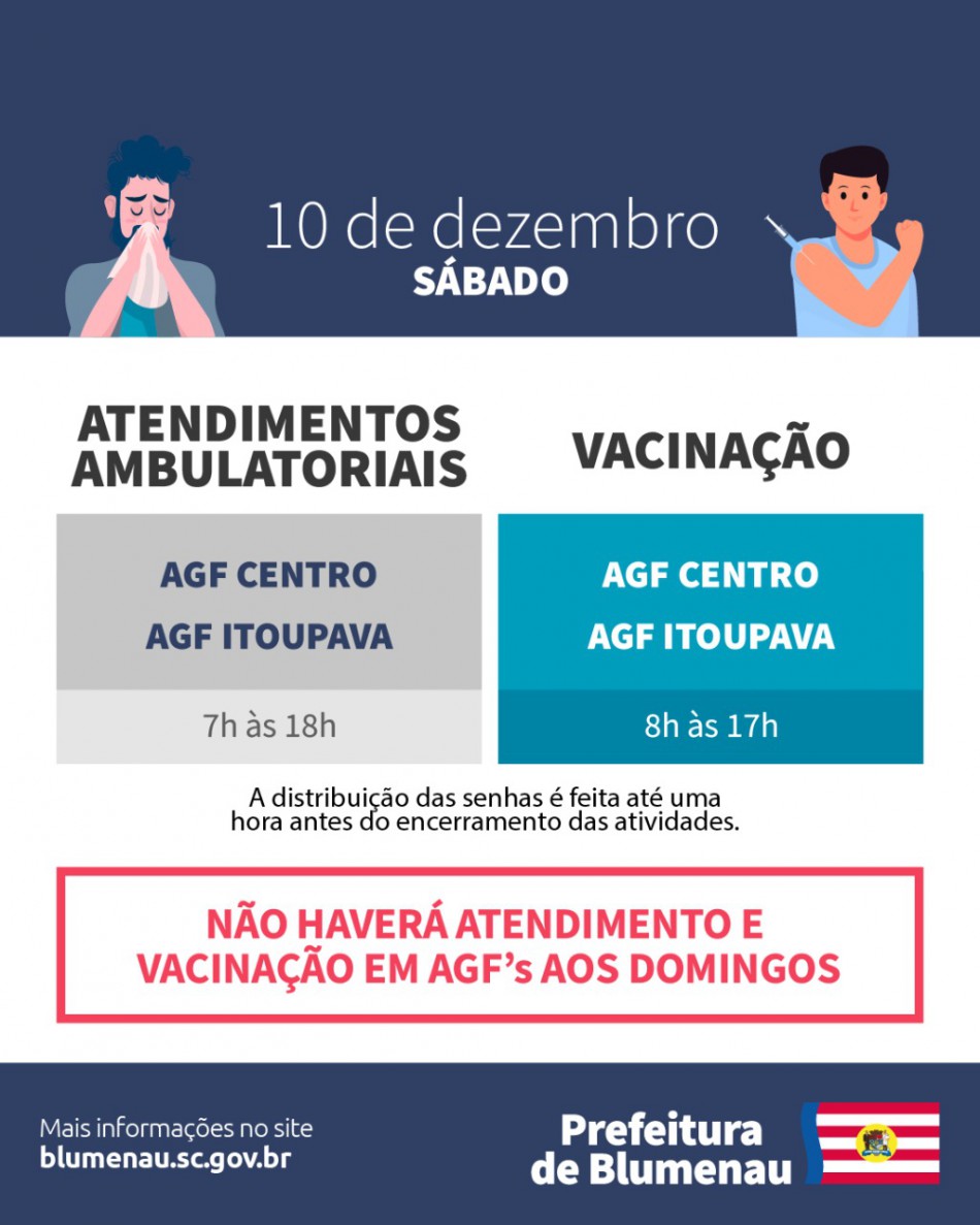 Ambulatórios Gerais da Família nos bairros Centro e Itoupava fazem atendimento neste sábado, dia 10