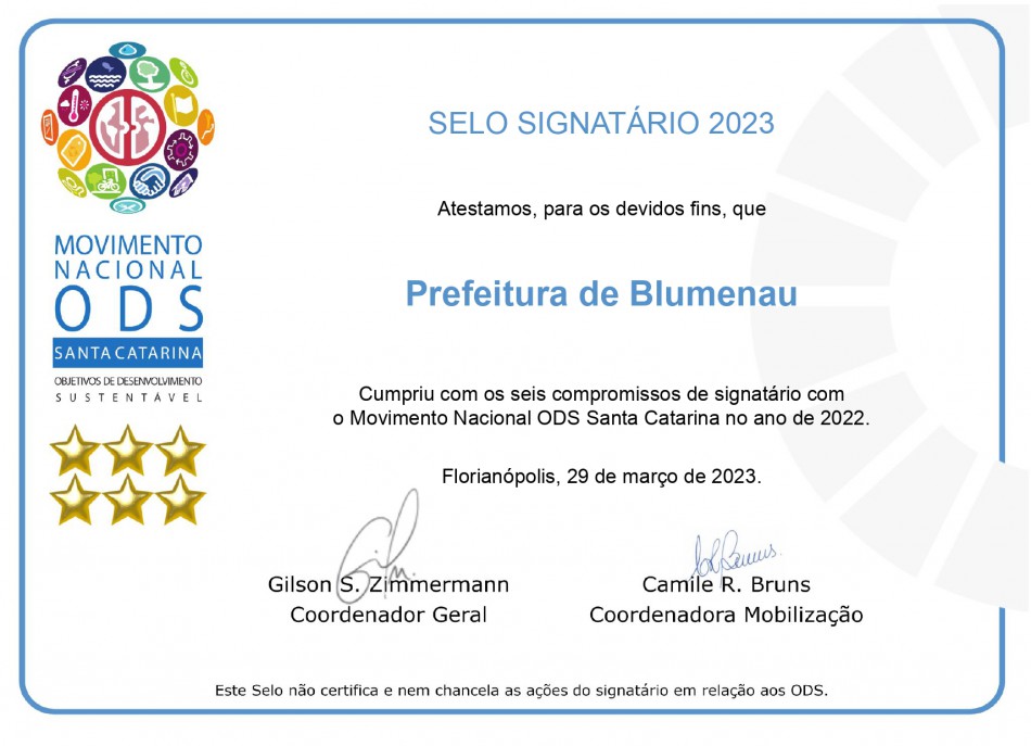 Blumenau é certificada com nota máxima pelo Movimento ODS em Santa Catarina