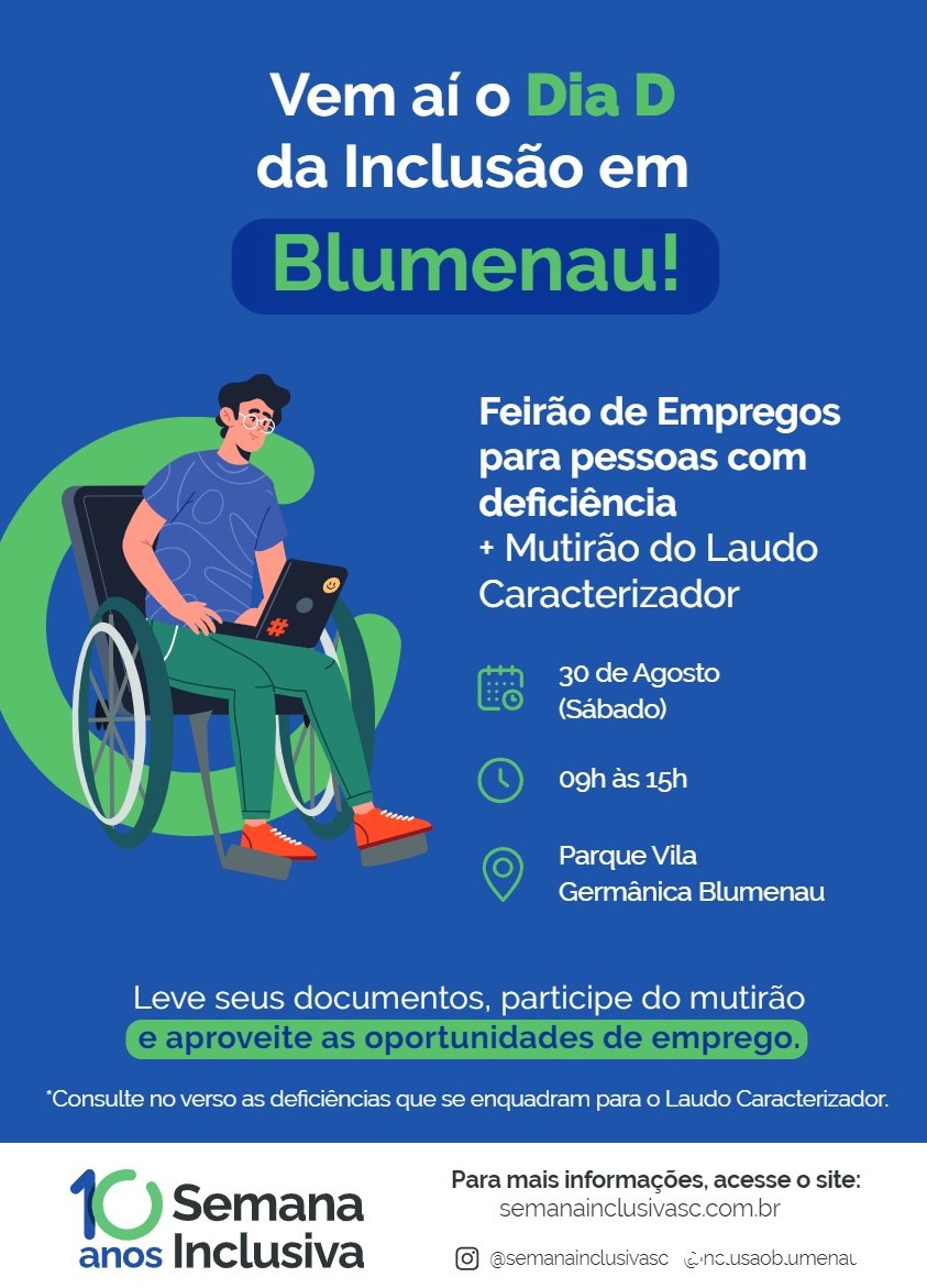 Blumenau terá Feirão de Empregos para pessoas com deficiência neste sábado, dia 30