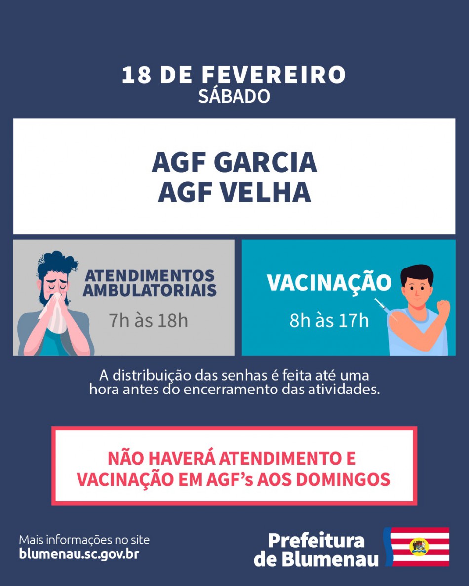 Neste sábado, 18 de fevereiro, os atendimentos ambulatoriais ocorrerão nos AGFs Garcia e Velha