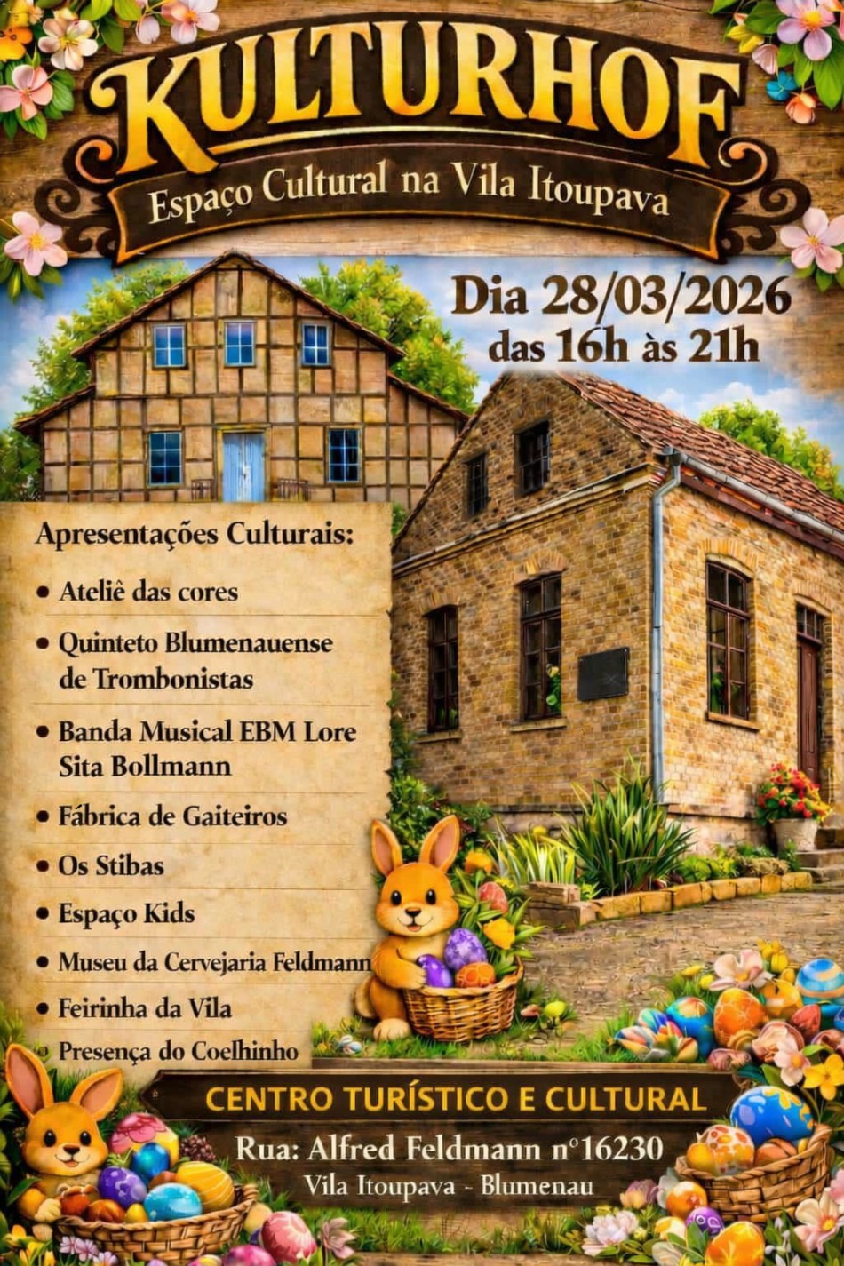 Vila Itoupava promove o Kulturhof com diversas atrações de Páscoa e cultura neste sábado, dia 28