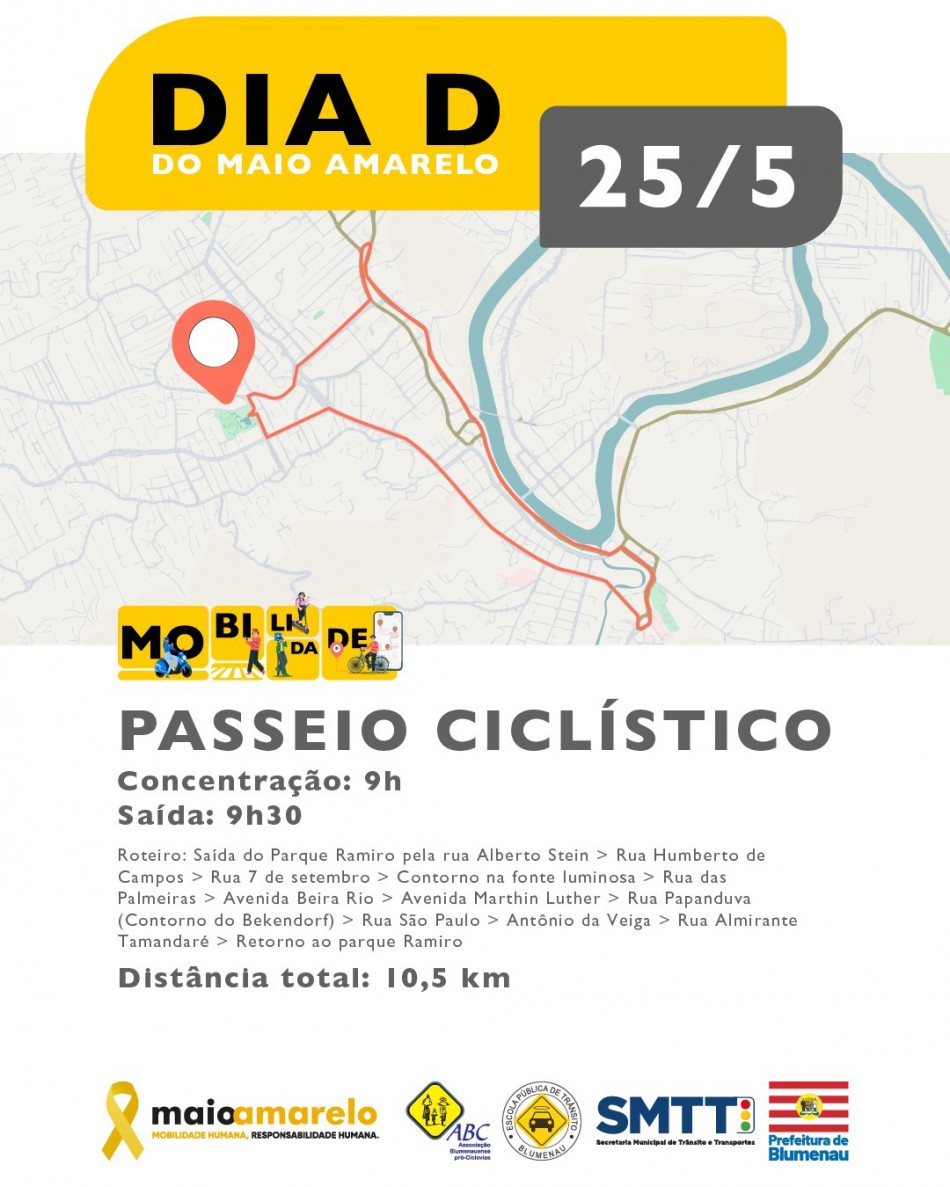 Blumenau promove passeio ciclístico neste domingo em alusão ao Dia do D do Maio Amarelo