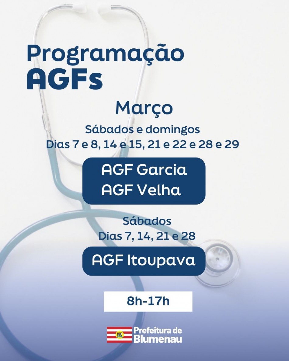 Saúde: AGFs Garcia, Velha e Itoupava mantêm atendimento nos fins de semana de março