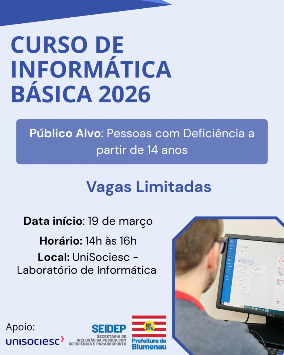 Prefeitura abre inscrições para curso gratuito de informática básica para pessoas com deficiência