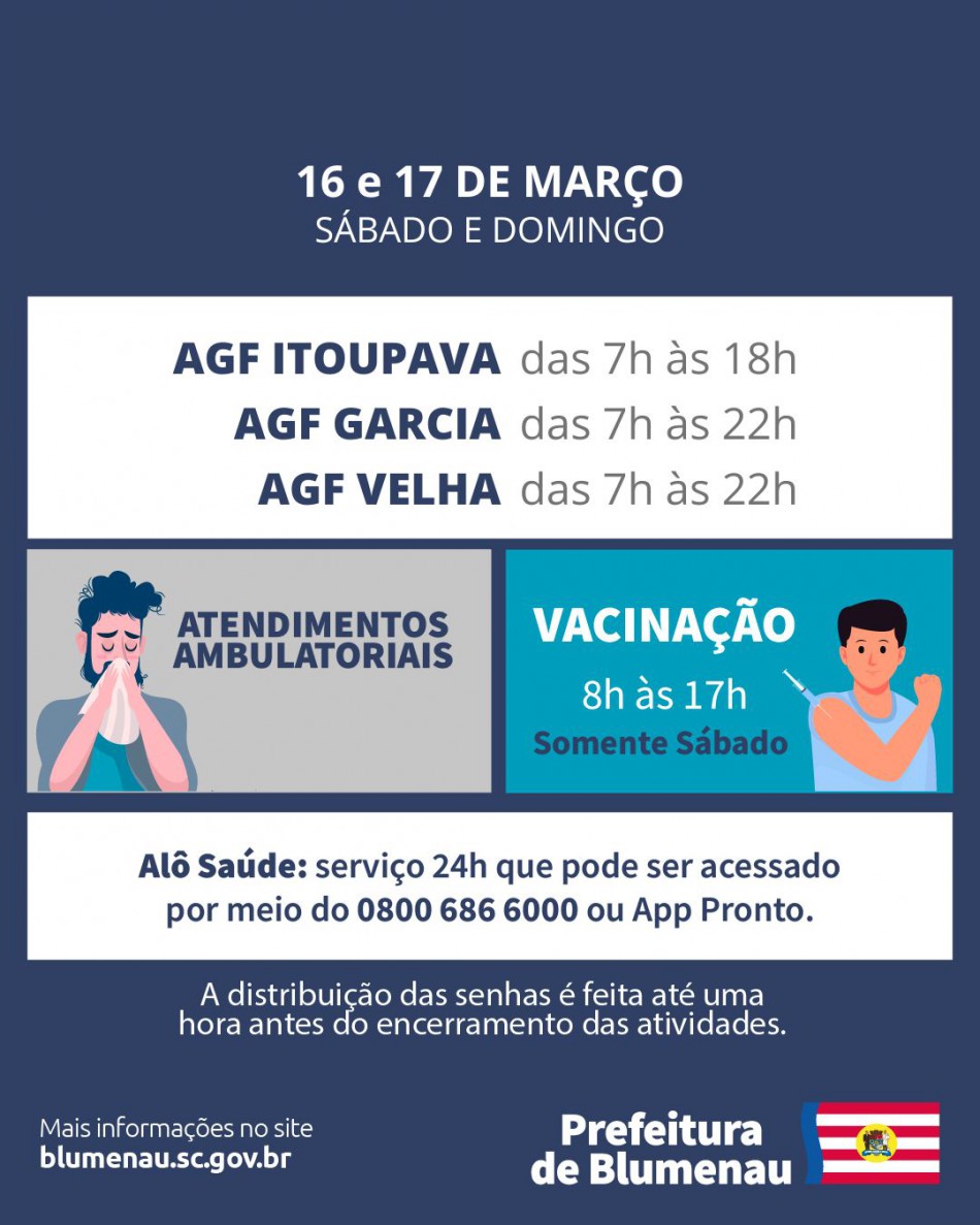 Atendimento ambulatorial deste fim de semana segue nos AGFs Garcia, Velha e Itoupava