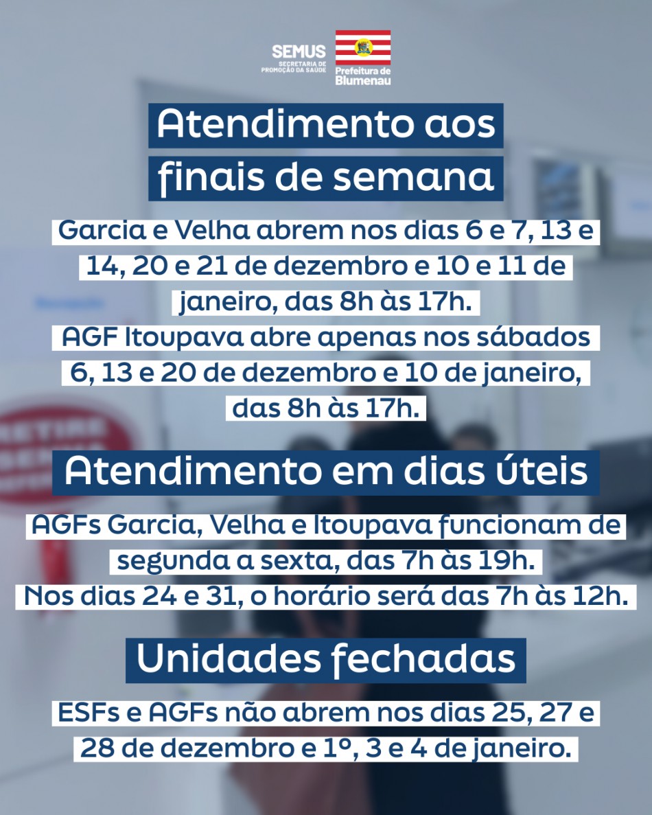 Saiba como fica o atendimento da Saúde neste fim de ano em Blumenau